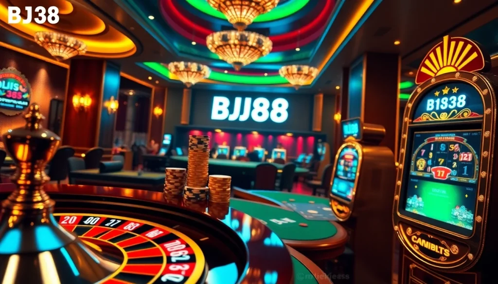 Engaging scene of BJ38 casino gaming with roulette, poker chips, and vibrant slot machines.