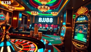 Engaging scene of BJ38 casino gaming with roulette, poker chips, and vibrant slot machines.