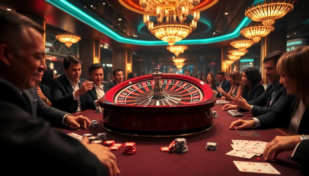 Excited players experiencing 789 P gambling action at a luxurious casino table.