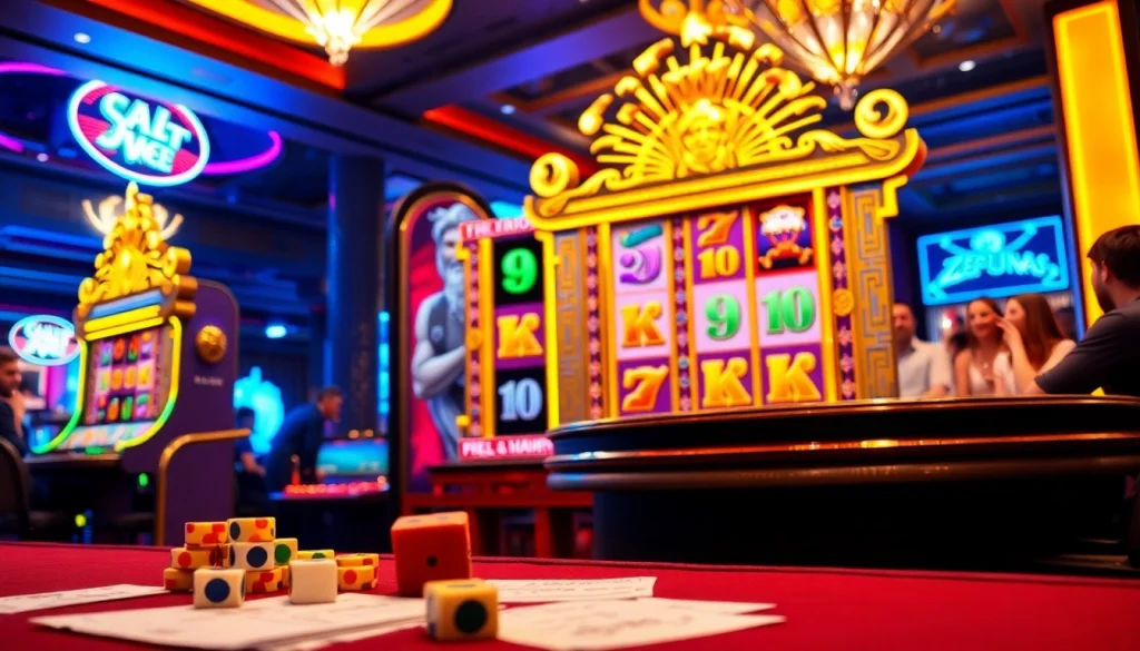 Players enjoying the slot zeus machine amidst a vibrant casino atmosphere filled with excitement.