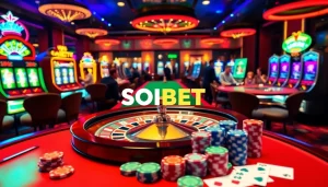 Intense gambling action at SOIBET with roulette, slot machines, and poker chips illuminating the scene.