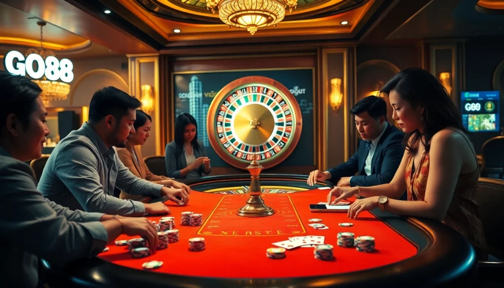 Players enjoying strategic gameplay at a GO88 casino table, surrounded by vibrant chips and cards.