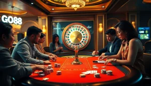 Players enjoying strategic gameplay at a GO88 casino table, surrounded by vibrant chips and cards.