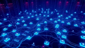 Explore a captivating digital landscape of the hidden wiki 2025 with dark web link icons and streams of data.