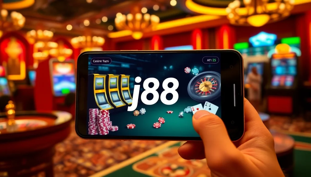 Players enjoying j88 app on mobile, immersed in a thrilling casino atmosphere with vibrant games.