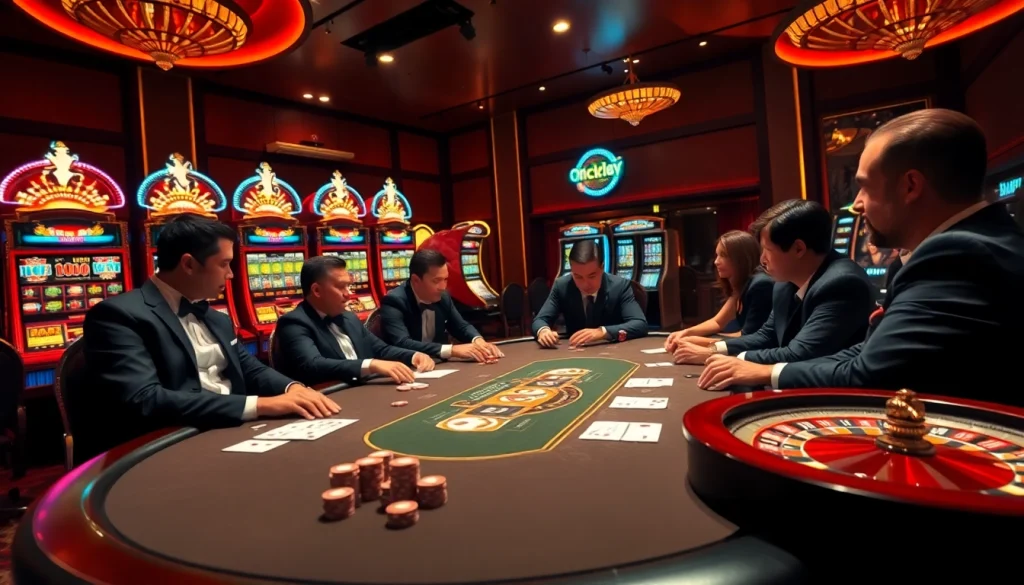 Experience thrilling gaming action at Onicplay casino with vibrant slot machines and poker tables.