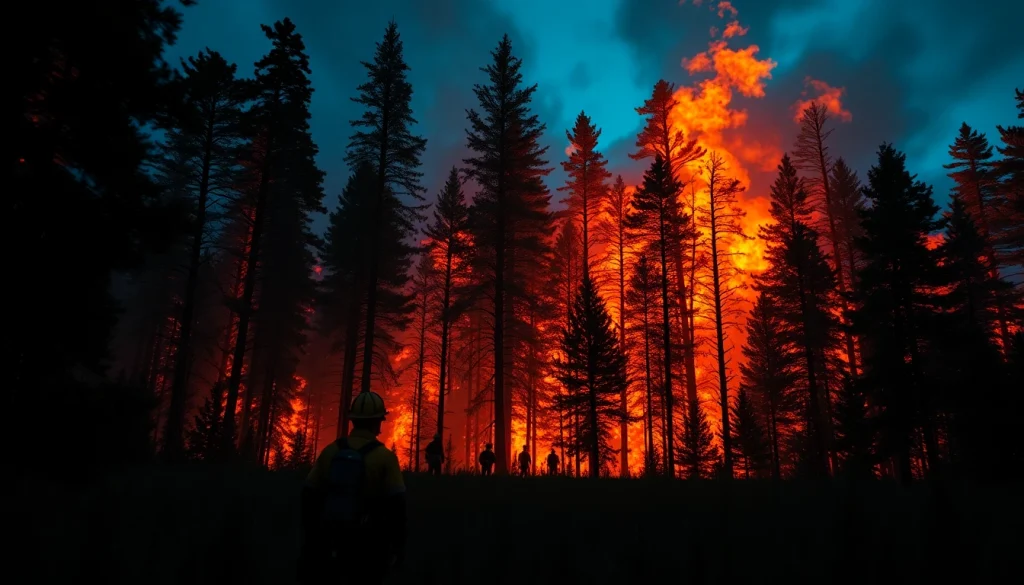Wildfire events showcase firefighters combating flames among trees, highlighting bravery.