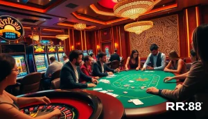 Players enjoying poker in a luxury casino environment, highlighting RR88's gaming excitement.