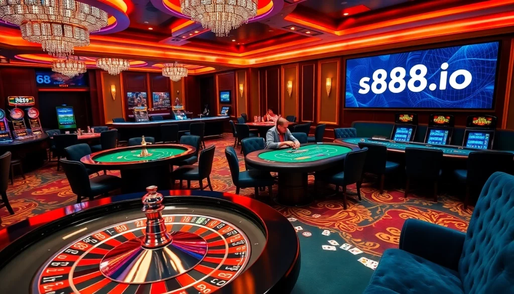 Engage with thrilling games at s88a.io in a luxurious casino environment, featuring vibrant tables and players.
