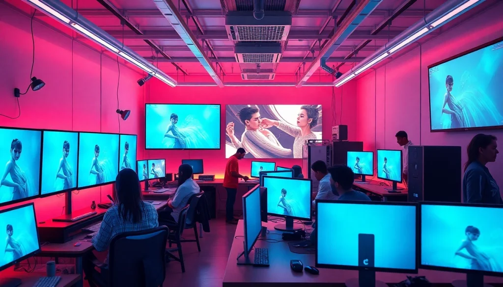 Visual representation of AI porn creation in a modern digital art studio showcasing innovation and collaboration.