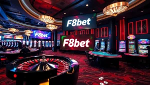 Experience thrilling gameplay at F8bet's luxurious casino tables and vibrant gaming elements.