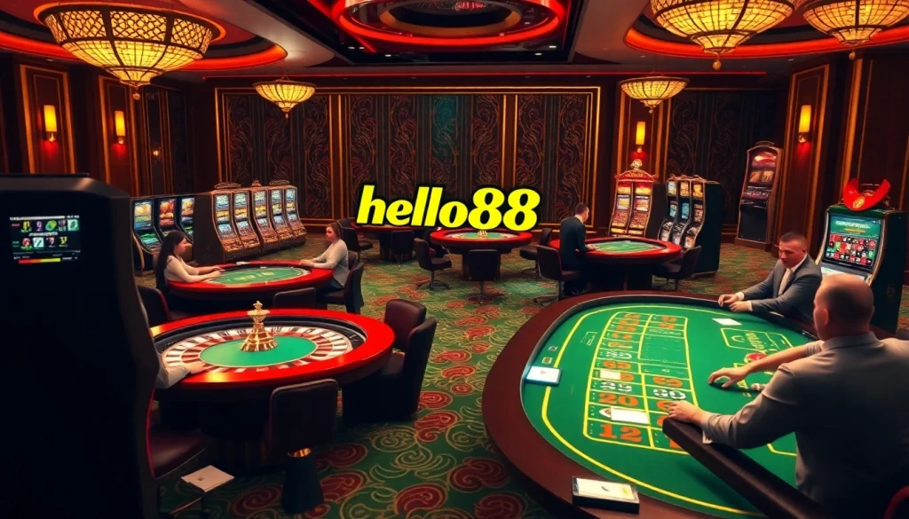 Hello88 gaming interface showcasing poker chips, roulette, and online betting options.