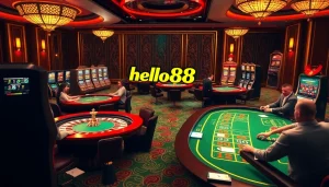 Hello88 gaming interface showcasing poker chips, roulette, and online betting options.