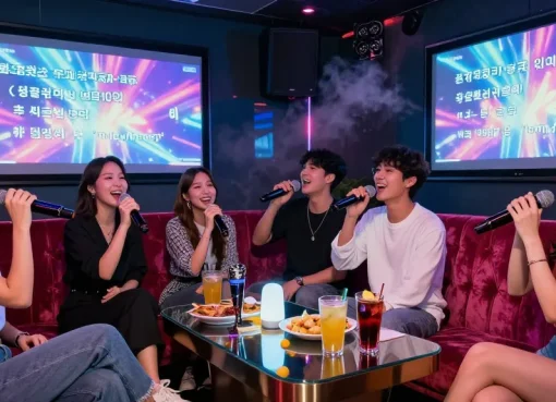 Friends enjoying 강남가라오케 in a vibrant karaoke lounge with drinks and smiles.