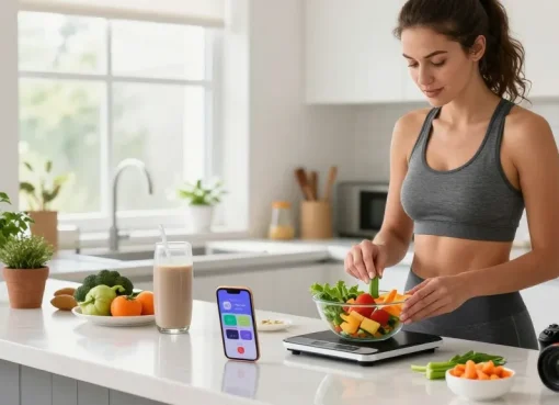 Cooking healthy meal with best AI macro tracker app visible on smartphone, inspiring nutrition scene in bright kitchen.